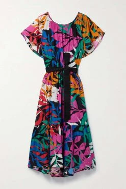 Bon marché ✔️ ERES Robe Midi épaules Nues En Jacquard De Soie Satinée Imprimé à Ceinture Feuillages Citron ,Noir 🎉